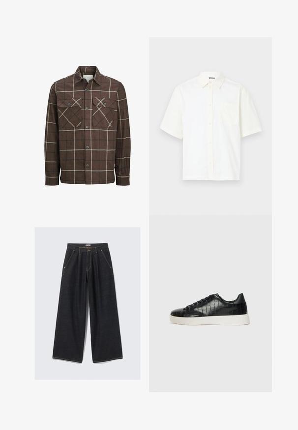 Cămașă din flanel cu carouri maro, cu deschidere în față cu nasturi, două buzunare pe piept și linii contrastante crem și închise, având un design clasic al gulerului.; Cămașă cu mânecă scurtă, cu nasturi, din bumbac alb murdar. Are o rever și un buzunar pe pieptul stâng, cu un design simplu și o textură moale.; Jeans largi de culoare albastru închis, cu pliseuri în față, buzunare înclinate, bucle pentru curea și închidere cu nasture la talie, etichetate "WEEKDAY."; Tenisi negri cu un exterior din piele texturată imitată crocodil, vârf rotund și o talpă din cauciuc alb contrastant, cu un finisaj neted.