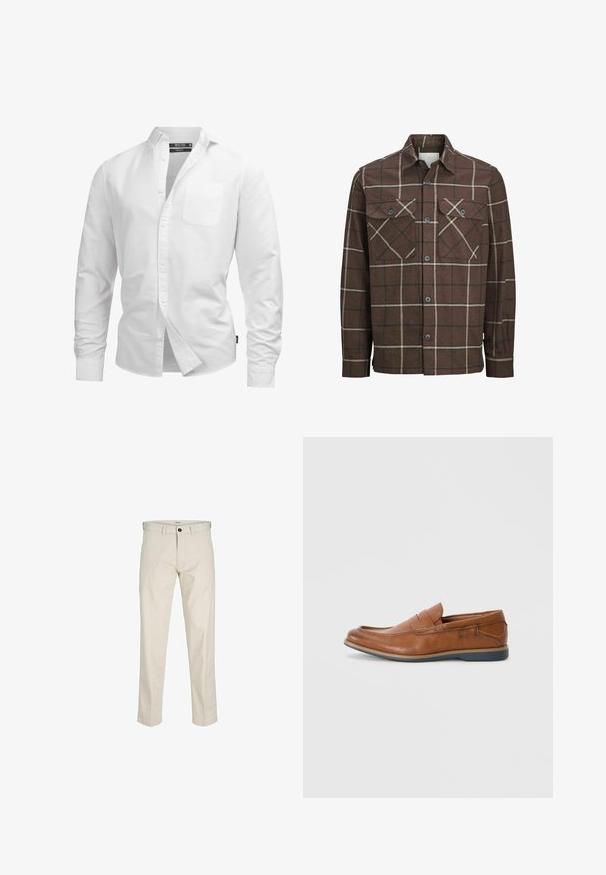 Cămașă din flanel cu carouri maro, cu deschidere în față cu nasturi, două buzunare pe piept și linii contrastante crem și închise, având un design clasic al gulerului.; Cămașă albă cu mânecă lungă, din bumbac, având un buzunar pe piept, guler clasic și croială standard cu hem curbat.; Pantaloni din bumbac bej cu o croială dreaptă, buzunar cu nasture, buzunare frontale și cusături. Textură netedă, detalii minime și fără modele.; Mocasini din piele maro cu vârf rotund, accente cusute și talpă joasă din cauciuc. Designul include o bandă pe partea superioară.