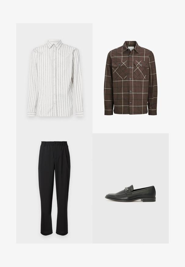 Smešasta smeđa flanel košulja s dugmadi sprijeda, dvije prednje džepove i kontrastne krem i tamne linije, sa klasičnim dizajnom ovratnika.; Bijela košulja dugih rukava s crnim vertikalnim prugama, ovratnik na dugme i prednjim dugmadi. Mekana tkanina s glatkom teksturom.; Crne hlače s elastičnim pojasom, kopčom na dugme i ravnim krojem. Glatka tkanina, bez vidljivih uzoraka ili akcenta.; Crna kožna loafer cipela s glatkom finišem, s ušivenim uzorkom i dekorativnim metalnim lancem preko prednjeg dijela. Ravni potplat.