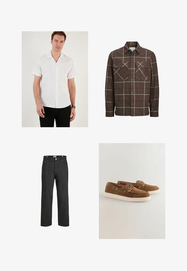Rudas languotas flanelinis marškiniais su mygtukų uždarymu priekyje, dviem krūtinės kišenėmis ir kontrastingomis kremine ir tamsiomis linijomis, turintis klasikinio tipo apykaklę.; Balta trumpo rankovės marškiniai su raštuota tekstūra, skleidžiamu apykakle ir mygtukais priekyje. Sujungti su juodomis kelnėmis, pabrėžiant atsitiktinį dizainą.; Juodi tiesūs džinsai, pagaminti iš medvilnės, su klasikinio penkių kišenių dizainu, mygtuko uždarymu ir subtiliais siuvinėjimo elementais.; Rudi nubuko batai su baltu guminiu padu, su raišteliais, metaliniais aklais ir kontrastingomis siūlėmis aplink kraštus.