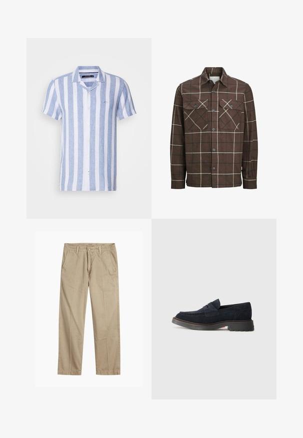 Chemise en flanelle à carreaux bruns avec un devant à boutons, deux poches poitrine, et des lignes contrastantes crème et foncées, avec un design de col classique.; Chemise à manches courtes avec des rayures verticales bleues et blanches, fabriquée en tissu léger, avec un col et un logo sur la poitrine.; Chinos beiges à jambes droites avec passants de ceinture, fermeture par bouton et fermeture éclair à l'avant, et poches avant en biais.; Mocassins en daim bleu marine avec un bout arrondi, une couture décorative et une semelle en caoutchouc légèrement surélevée. Matériau et design durables.