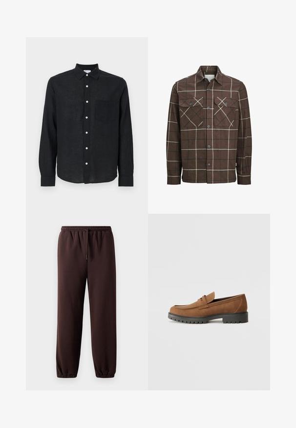 Rjava karirana flanelasta srajca z gumbom spredaj, dvema žepoma na prsih in kontrastnima kremnimi ter temnimi črtami, ki ima klasičen ovratnik.; Črna dolg rokav srajca iz lanu, z gumbnim zapiranjem spredaj, koničastim ovratnikom in eno prsno žepom. Gladka tekstura.; Rjuhne hlače v rjavi barvi z vrvico v pasu, elastičnimi manšeti in gladkim bombažnim materialom. Imajo sproščen kroj in minimalistični dizajn.; Bordaste usnjene loafers z zaobljenim nosom in nizkim temnim gumijastim podplatom, z okrasnim trakcem in šivi na zgornjem delu.