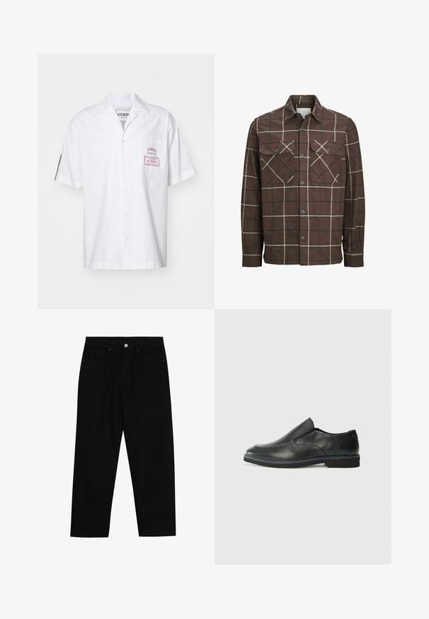 Ruskea ruudullinen flanellipaita, jossa on napitettava etuosa, kaksi rintataskua ja kontrastiväri vaalean kerman ja tummien viivojen yhdistelmä, ja klassinen kauluksen muotoilu.; Lyhythihainen valkoinen puuvillapaita, jossa on napitus. Ominaisuuksiin kuuluu rintatasku punaisella etiketillä ja klassinen kaulustyyli.; Mustat farkut suoraan lahkeella, viisi taskua ja etunappikiinnitys. Sileä rakenne, jossa on vain vähäisiä ompelualueita.; Musta nahkainen liukujalkine, jossa on sileä pinta, ommeltuja yksityiskohtia, pyöristetty kärki ja matala kumipohja. Pohjassa on minimaalinen pito.