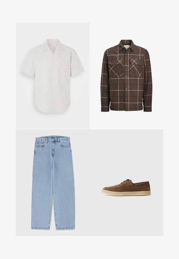 Braun kariertes Flanellhemd mit Knopfverschluss, zwei Brusttaschen und kontrastierenden cremefarbenen und dunklen Linien, ausgestattet mit einem klassischen Kragendesign.; Kurzärmliges Hemd in hellbeige mit vertikalen dunklen Streifen, ausgestattet mit einer Brusttasche und einem umklappbaren Kragen.; Hellblaue Jeans aus Denim mit geradem Bein, ausgestattet mit einer mittelhohen Taille, fünf Taschen sowie einem Knopf- und Reißverschluss.; Braune Wildlederschuhe mit niedriger Profilhöhe, Schnürdesign, Gummisohle und kontrastierenden Nähdetails. Schlichtes und funktionales Design.