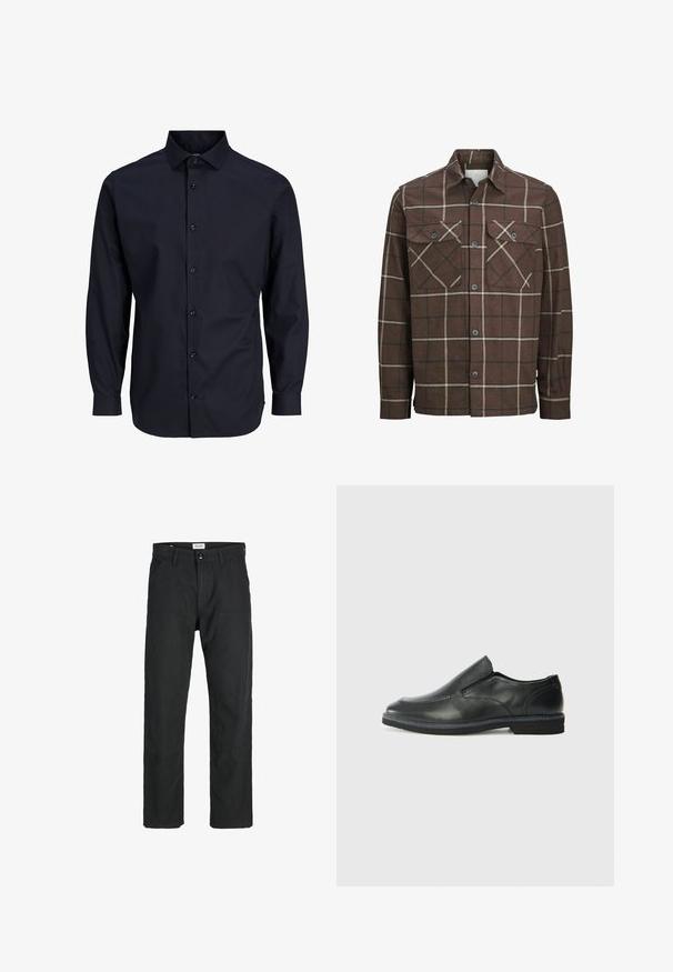 Bruin geruite flanellen shirt met een knoopsluiting aan de voorkant, twee borstzakken en tegenstelling van crèmekleurige en donkere lijnen, met een klassiek kraagontwerp.; Navy blauwe blouse met lange mouwen, standaard kraag, voorste sluiting, gladde textuur en knoopsluiting bij de manchetten.; Zwarte broeken gemaakt van duurzame stof, met een recht gesneden ontwerp, gestikte accenten en twee voorzakken voor functionaliteit.; Zwarte leren instapper met een soepele bovenkant, gestikte accenten, ronde neus en een lage rubberen hak. De zool heeft minimale profiel.