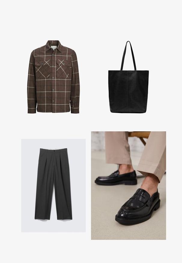Chemise en flanelle à carreaux bruns avec un devant à boutons, deux poches poitrine, et des lignes contrastantes crème et foncées, avec un design de col classique.; Ensemble de t-shirts en coton comprenant un haut noir et un haut blanc, tous deux à manches courtes, avec un col rond et une coupe standard. Tissu texturé.; Pantalons gris à jambes larges avec plis. Fabriqués à partir d'un tissu lisse, avec une fermeture à bouton à l'avant et des passants de ceinture. Conception à l'avant plat.; Mocassins en cuir noir avec une finition lisse, ornés d'une sangle décorative et de coutures contrastées, associés à un pantalon beige.; Sac fourre-tout en cuir noir avec de longues poignées plates. Design simple, forme rectangulaire, texture lisse et sans matériel ni embellissements visibles.