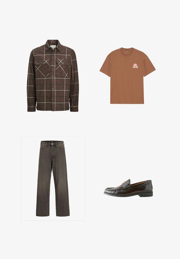 Rjava karirana flanelasta srajca z gumbom spredaj, dvema žepoma na prsih in kontrastnima kremnimi ter temnimi črtami, ki ima klasičen ovratnik.; Bela kratka majica zavezana iz bombaža, ki ima na levem prsnem delu rožnato sončno grafiko in napis "SOLAR". Oblika s krožnim vratom.; Široke hlače iz temno sive denim tkanine, s wysokim pasom, klasičnim pet-pocket dizajnom in kontrastnim šivom ob šivih.; Rjave usnjene loafers čevlje s gladko površino, šivano podrobnostjo, nizko peto in zaobljenim prstom. Podplat je črn gumijast za boljši oprijem.