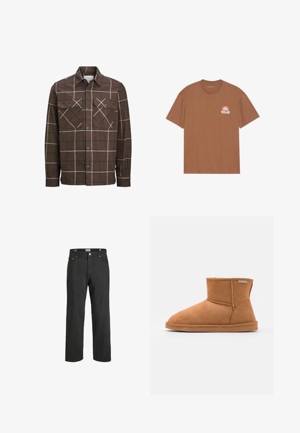 Bruin geruite flanellen shirt met een knoopsluiting aan de voorkant, twee borstzakken en tegenstelling van crèmekleurige en donkere lijnen, met een klassiek kraagontwerp.; Bruine T-shirt met korte mouwen van katoen, met een roze zonafbeelding en de tekst "SOLAR" op de linkerborst. Crew neck ontwerp.; Zwarte rechte jeans van katoen, met een klassieke vijf-pocketontwerp, knoopsluiting en subtiele stiksels.; Bruine suède enkellaars met een ronde neus, zachte binnenvoering, gestikte details en een rubberen zool. Merktag zichtbaar aan de zijkant.