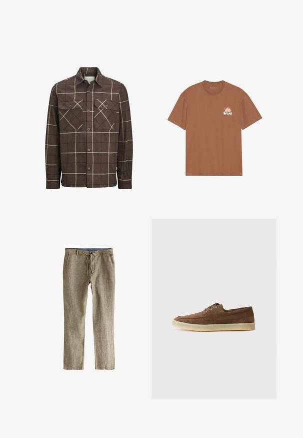 Chemise en flanelle à carreaux bruns avec un devant à boutons, deux poches poitrine, et des lignes contrastantes crème et foncées, avec un design de col classique.; T-shirt marron à manches courtes en coton, avec un graphique de soleil rose et le texte "SOLAR" sur la poitrine gauche. Design à col rond.; Pantalons en mélange de lin, marron clair avec une finition texturée, dotés d'une taille à cordon de serrage et de poches latérales. Design léger et coupe droite.; Chaussures en suede marron à profil bas, avec un laçage, semelle en caoutchouc et des détails de couture contrastants. Style simple et fonctionnel.
