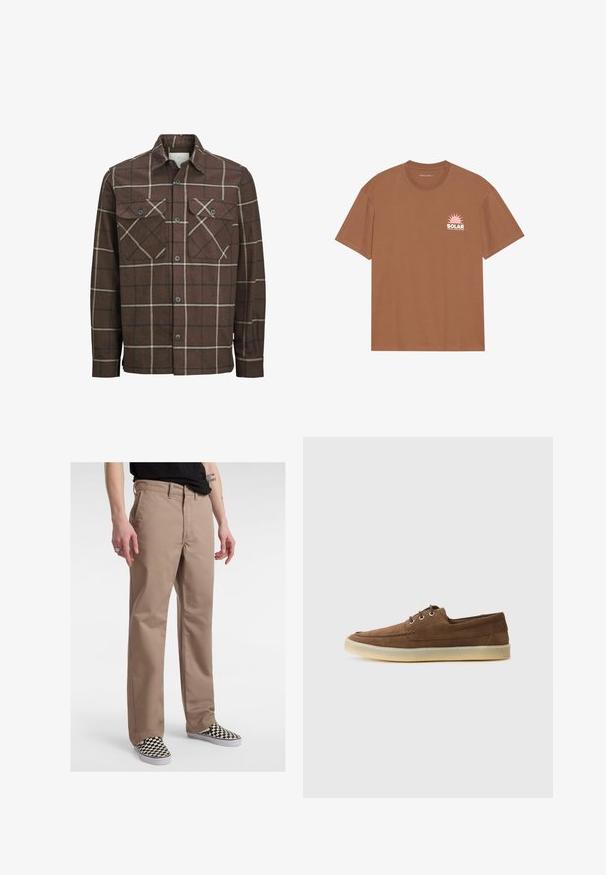 Camicia in flanella a scacchi marrone con chiusura a bottoni, due tasche sul petto e linee contrapposte in crema e scuro, dotata di un classico collo.; T-shirt marrone a maniche corte in cotone, con una grafica di un sole rosa e il testo "SOLAR" sul lato sinistro del petto. Design con scollo rotondo.; Pantaloni in cotone beige con vestibilità dritta, dotati di chiusura con bottone e tasche laterali a vista, abbinati a scarpe slip-on a scacchi in bianco e nero.; Scarpe in suede marrone con profilo basso, design con lacci, suola in gomma e dettagli di cucitura a contrasto. Stile semplice e funzionale.