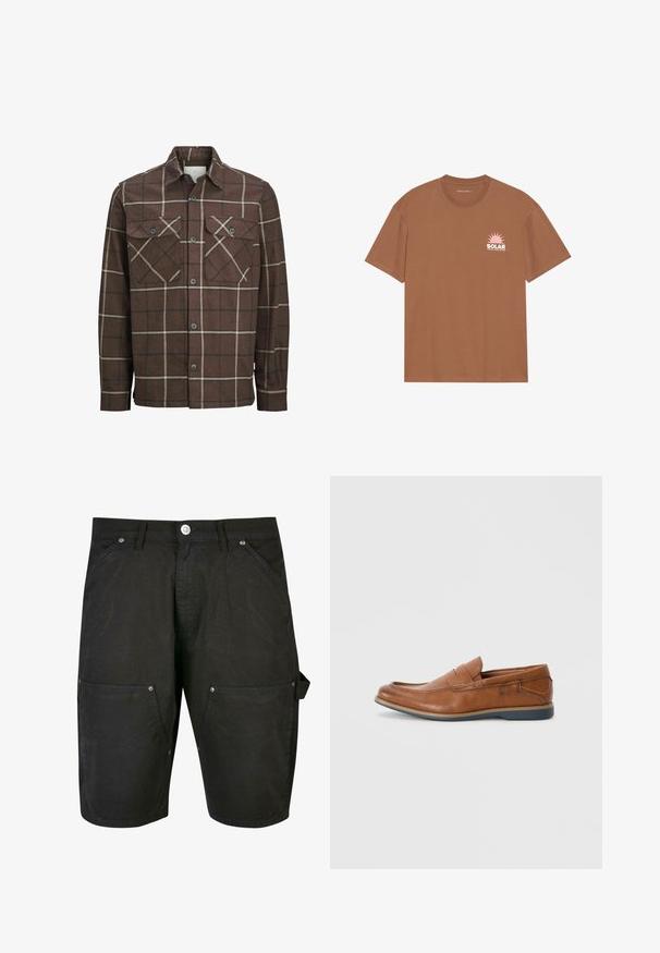 Barna kockás flaneling, gombos elülső résszel, két mellzsebbel, kontrasztos krém és sötét csíkokkal, klasszikus galléros kivitelben.; Barna, rövid ujjú pamut póló, pink napgrafikával és "SOLAR" felirattal a bal mellen. Kerek nyakú dizájn.; Urban Classics DOUBLE KNEE CARPENTER - Rövidnadrágok - black; Barna bőr loafer cipők, lekerekített orral, varrott részletekkel és alacsony gumitalppal. A dizájn egy sávot tartalmaz a felső részen.