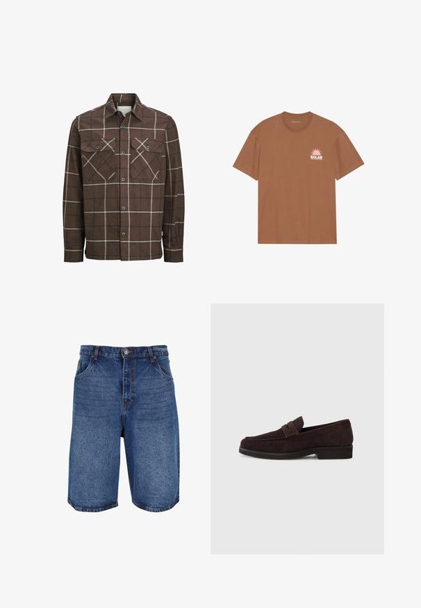 Pruun ruuduline flanellist särk, millel on nööbid ees, kaks rinna taskut ja kontrastsed kreemja ja tumeda joonega, klassikalise krae kujundusega.; Pruun lühikeste varrukatega T-särk, mis on valmistatud puuvillast, sisaldab roosa päikese graafikat ja "SOLAR" teksti vasakul rinnal. Ümmarguse kaelusega disain.; Keskmise sinise puuvillast lühikesed püksid, millel on klassikaline disain, viis taskut ja lukuga kinnitamiseks nupp. Karm tekstuur ja sirge lõige.; Pruuni sametist loafers madala profiili ja ümarate varvastega. Omab dekoratiivset rihma ülaosas, tasast kummist talda ning nähtamatut õmblust.
