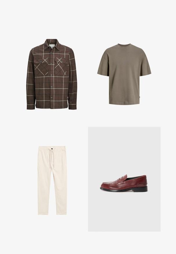 Bruin geruite flanellen shirt met een knoopsluiting aan de voorkant, twee borstzakken en tegenstelling van crèmekleurige en donkere lijnen, met een klassiek kraagontwerp.; Katoenen T-shirt in gedempt olijfgroen; heeft een ronde hals, korte mouwen en een ontspannen pasvorm met minimale stikseldetails.; Beige, lichtgewicht katoenen broeken met een trekkoord in de taille, zijzakken en een knoopsluiting, met een gladde textuur.; Bordeaux leren loafer met een gladde afwerking, decoratieve stiksels en een ronde neus. Heeft een lage zwarte hak.