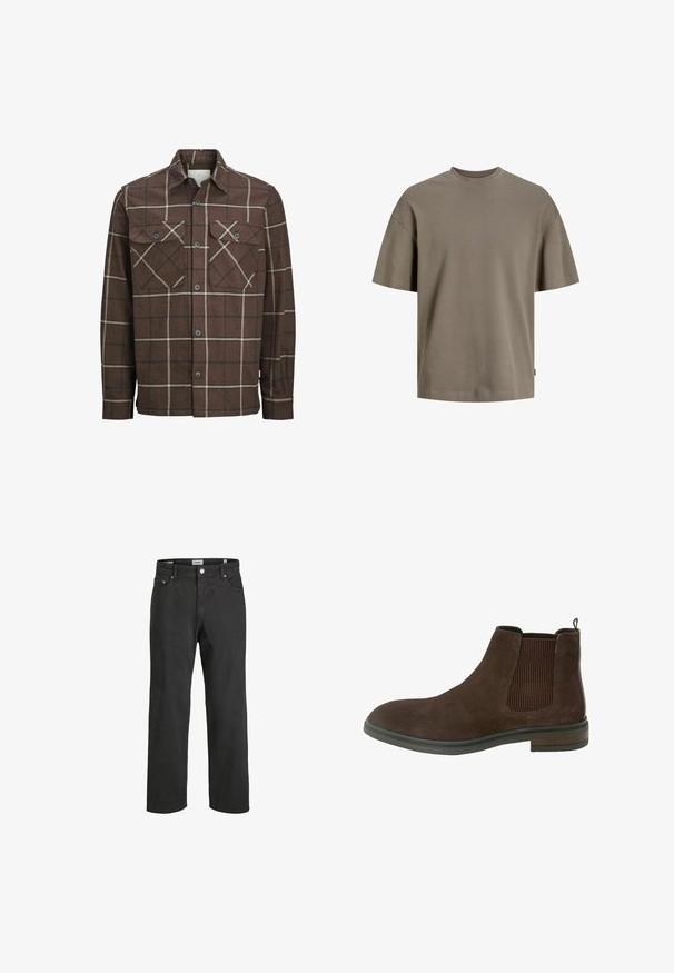 Bruin geruite flanellen shirt met een knoopsluiting aan de voorkant, twee borstzakken en tegenstelling van crèmekleurige en donkere lijnen, met een klassiek kraagontwerp.; Katoenen T-shirt in gedempt olijfgroen; heeft een ronde hals, korte mouwen en een ontspannen pasvorm met minimale stikseldetails.; Zwarte rechte jeans van katoen, met een klassieke vijf-pocketontwerp, knoopsluiting en subtiele stiksels.; Bruine suède enkellaars met elastische zijpanelen, ronde neus en een lage gestapelde hak. Heeft een stikseldetail langs de zool.