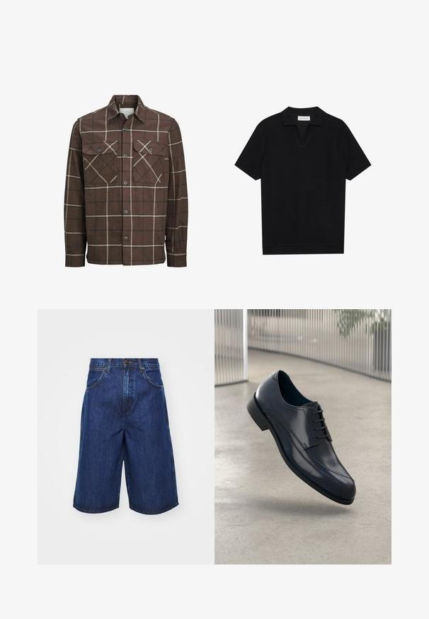 Barna kockás flaneling, gombos elülső résszel, két mellzsebbel, kontrasztos krém és sötét csíkokkal, klasszikus galléros kivitelben.; Fekete, rövid ujjú pólóing texturált, bordázott anyagból, v-nyakkivágással és egyenes aljjal. Nincsenek látható logók vagy minták.; Sötétkék farmer rövidnadrág, laza szabással, nagy oldalsó zsebekkel és látható varrási részletekkel. Közép derékszabás, gombos záródással.; Fényes fekete bőrcipő fűzőkkel, lebeg egy sima, világosszürke padló felett, háttérben függő fémboltokkal.