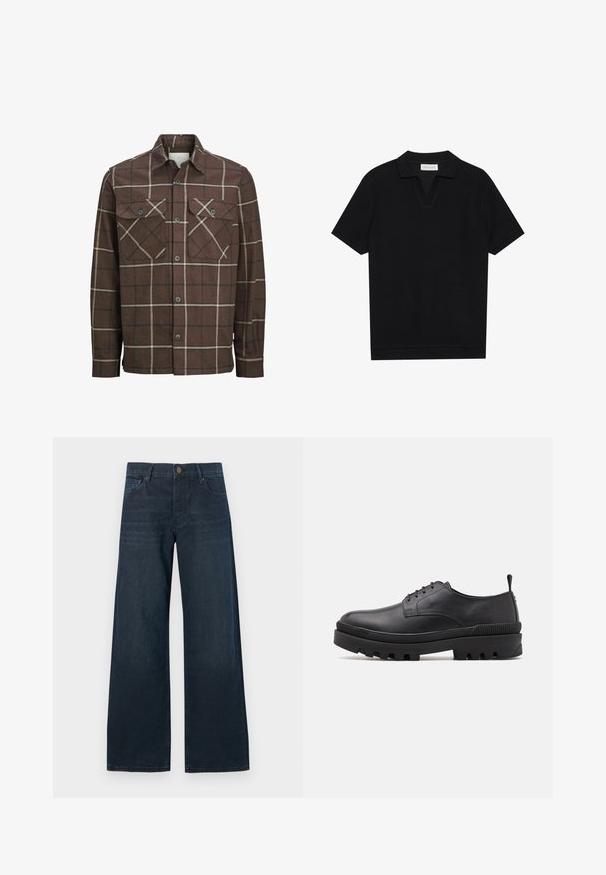 Chemise en flanelle à carreaux bruns avec un devant à boutons, deux poches poitrine, et des lignes contrastantes crème et foncées, avec un design de col classique.; Polo shirt noir à manches courtes avec un tissu texturé et côtelé, présentant un col en V et un ourlet droit. Pas de logos ni de motifs visibles.; Jean large bleu foncé avec une texture denim lisse, doté d'une fermeture par bouton à l'avant, de passants de ceinture et d'un design à cinq poches.; Chaussure en cuir noir avec un bout arrondi, un laçage et une semelle en caoutchouc épaisse. Possède une languette au talon et des accents texturés.