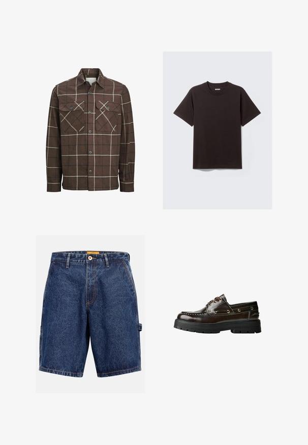Hnedá károvaná flanelová košeľa s gombíkovým zapínaním vpredu, dvoma prednými vreckami a kontrastnými krémovými a tmavými pásikmi, pričom obsahuje klasický dizajn goliera.; Jednoduché čierne tričko s krátkym rukávom z bavlny s okrúhlym výstrihom a malou nálepkou "WEEKDAY" na vnútornej strane goliera.; Džínové šortky v tmavomodrej farbe, s uzáverom na gombík, pútkami na opasok a kontrastným oranžovým prešívaním. Rovný strih so bočnými vreckami.; Hnedé kožené lodičky s gumovou podrážkou, s vystúžením, kovovými očkami a dizajnom na šnurovanie. Robustná, ľahká konštrukcia.