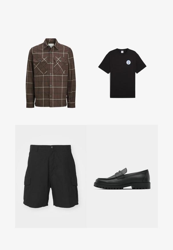 Brūns škots flaneles krekls ar pogu priekšā, divām krūšu kabatām un kontrastējošām krēmkrāsas un tumšām līnijām, ar klasisku apkakles dizainu.; Melna kokvilnas T-kreklā ar īsām piedurknēm, apaļu kakla izgriezumu un apļveida zilu logo kreisajā krūšu daļā. Gluda tekstūra un ikdienišķa piegriezne.; Melnas kravas šortas, izgatavotas no viegla auduma, ar divām sānu kabatām, pogu aizdari un brīvu piegriezumu vidukļa garumā.; Melnas ādas loafers ar noapaļotu purngalu, ar izšūtu dizainu, zemu platformas zoli un teksturētu, rievotu gumijas ārējo zoli.