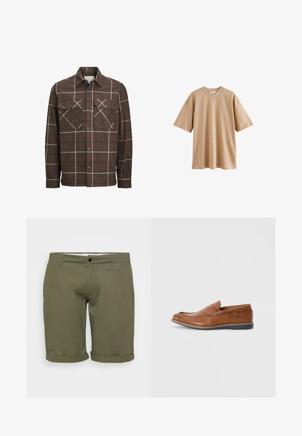 Cămașă din flanel cu carouri maro, cu deschidere în față cu nasturi, două buzunare pe piept și linii contrastante crem și închise, având un design clasic al gulerului.; Tricou bej cu mânecă scurtă, fabricat din bumbac, cu guler rotund și croială lejeră, având o textură netedă și fără modele sau accente.; Pantaloni scurți de culoare verde măsliniu, cu o textură netedă, cu margini răsucite, nasture pe talie în față și buzunare laterale. Design simplu, ajustat, pentru ținute casual.; Mocasini din piele maro cu vârf rotund, accente cusute și talpă joasă din cauciuc. Designul include o bandă pe partea superioară.