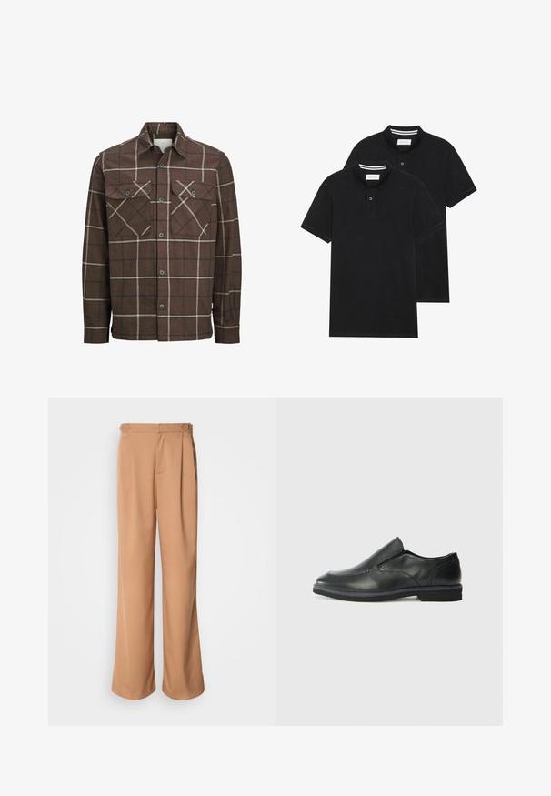 Rjava karirana flanelasta srajca z gumbom spredaj, dvema žepoma na prsih in kontrastnima kremnimi ter temnimi črtami, ki ima klasičen ovratnik.; Dve črne polo majice, kratke rokave, iz bombažnega materiala, z klasik ovratnikom, dvobodno zaponko in belimi črtkami znotraj ovratnika.; Kratke široke hlače iz gladkega bež materiala s sprednjimi nabranji in kovinskimi dodatki na pasu.; Črne usnjene natikače z gladkim zgornjim delom, prišitimi detajli, zaobljenim nosom in nizkim gumijastim petkom. Podplat ima minimalen profil.