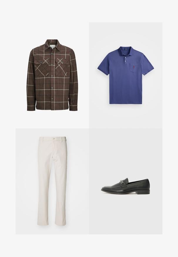 Bruin geruite flanellen shirt met een knoopsluiting aan de voorkant, twee borstzakken en tegenstelling van crèmekleurige en donkere lijnen, met een klassiek kraagontwerp.; Paarse polo shirt van katoen, met een drie knoopsluiting, korte mouwen en een borstzak met een rode logo-borduur.; DOCKERS GO AIRWEAVE - Chino - sahara khaki; Zwarte leren instapper met een gladde afwerking, voorzien van een gestikt ontwerp en een decoratieve metalen kettingaccent over de wreef. Platte hak.