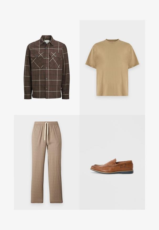 Brown plaid flannel shirt with a button-up front, two chest pockets, and contrasting cream and dark lines, featuring a classic collar design.; Khaki short-sleeve T-shirt made of soft fabric, featuring a round neckline and a relaxed fit. No patterns or graphics are visible.; Light brown, textured fabric pants with an elastic waistband and adjustable drawstring. Straight-leg design with no visible patterns or accents.; Brown leather loafers with a round toe, stitched accents, and a low rubber sole. The design features a band across the upper.