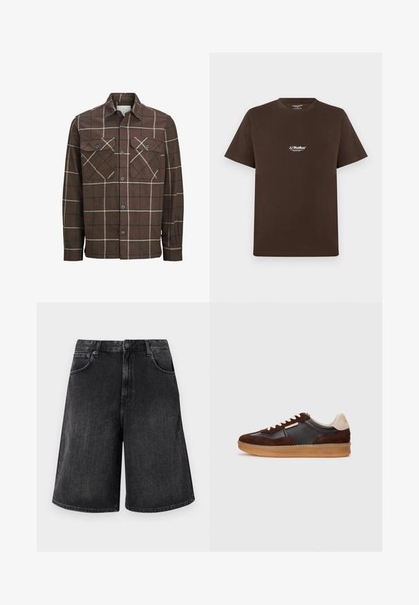 Bruin geruite flanellen shirt met een knoopsluiting aan de voorkant, twee borstzakken en tegenstelling van crèmekleurige en donkere lijnen, met een klassiek kraagontwerp.; Bruine katoenen t-shirt met korte mouwen, ronde hals en een klein wit logo op de borst. Soepele textuur en regular fit.; Zwarte denim shorts met een brede, rechte snit, voorzien van een knoopsluiting aan de voorkant en vijf zakken. Zachte textuur met een vervaagd uiterlijk.; Bruine suède en leren sneaker met een gumrubberen zool, voorzien van crème accenten en witte veters. Ronde neus en minimale details.