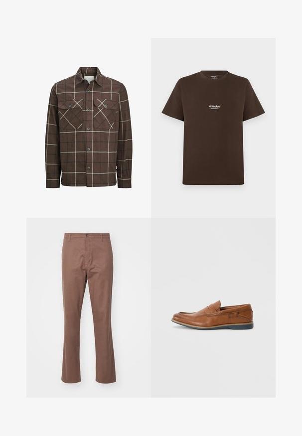 Pruun ruuduline flanellist särk, millel on nööbid ees, kaks rinna taskut ja kontrastsed kreemja ja tumeda joonega, klassikalise krae kujundusega.; Pruun puuvillane T-särk lühikeste varrukatega, ümmargune kaelus ja väike valge logo rinnal. Sile tekstuur ja tavaline lõige.; DOCKERS ORIGINAL SLIM - Chino-püksid - coffee quartz; Prunadest nahkkingad ümmarguse varbaga, õmmeldud detailide ja madala kummitaldaga. Disain sisaldab riba üleval.