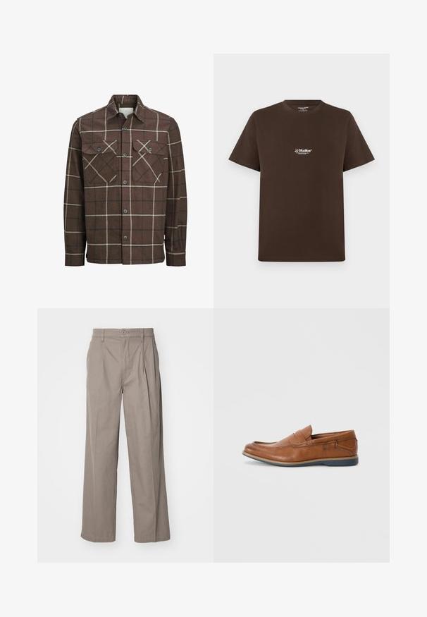 Brūns škots flaneles krekls ar pogu priekšā, divām krūšu kabatām un kontrastējošām krēmkrāsas un tumšām līnijām, ar klasisku apkakles dizainu.; Brūna kokvilnas T-kreklu ar īsām piedurknēm, apaļu kaklu un mazu baltu logo uz krūtīm. Gluda tekstūra un parasts piegriezums.; Beige platās kājas bikses, izgatavotas no kokvilnas maisījuma, ar krokām un pogas aizdari. Gluda tekstūra ar ierakstītām malām.; Brūnas ādas loafers ar apaļu purngalu, ar šuvēm un zemu gumijas zoli. Dizainā ir josla pāri augšējai daļai.