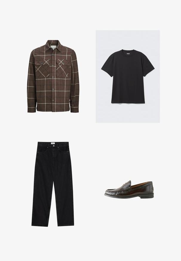 Hnedá károvaná flanelová košeľa s gombíkovým zapínaním vpredu, dvoma prednými vreckami a kontrastnými krémovými a tmavými pásikmi, pričom obsahuje klasický dizajn goliera.; Čierne tričko s krátkym rukávom vyrobené z bavlny. Má okrúhly výstrih a voľný strih. Jednoduchý dizajn bez vzorov alebo akcentov.; Čierne vysoké ročné rovné nohavice s prednými vreckami, zapínaním na gombík a pútkami na opasok, rozložené na bielom pozadí.; Hnedé kožené mokasíny s hladkým povrchom, prešívanými detailmi, nízkym podpätkom a zaoblenou špičkou. Podošva je z čiernej gumy pre lepšiu trakciu.