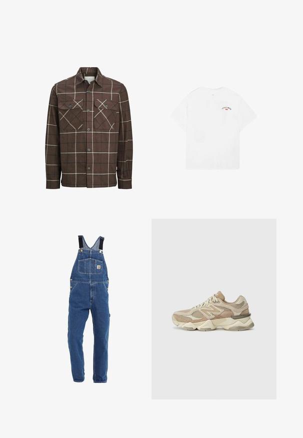 Camisa de franela a cuadros marrón con botones en la parte delantera, dos bolsillos en el pecho y líneas contrastantes en crema y oscuro, con un diseño de cuello clásico.; Camiseta blanca de algodón con mangas cortas, cuello redondo y un pequeño gráfico que dice "LA VILLE LUMIÈRE" en negro y rojo en la parte superior de la espalda.; Pantalones de mezclilla en un tono azul medio, con tirantes negros ajustables, múltiples bolsillos y acentos de metal.; Zapatillas deportivas beiges con materiales de malla y ante, punta redondeada, suela gruesa y acentos reflectantes notorios en los laterales.