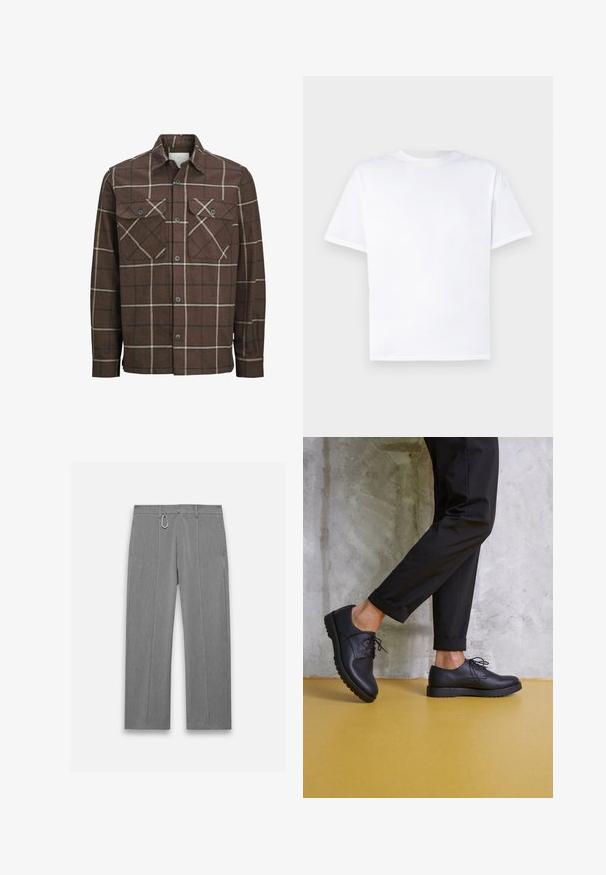 Camicia in flanella a scacchi marrone con chiusura a bottoni, due tasche sul petto e linee contrapposte in crema e scuro, dotata di un classico collo.; T-shirt bianca in cotone con collo rotondo e maniche corte. Tessuto liscio, taglio dritto, senza motivi né dettagli. Solo vista posteriore.; Pantaloni grigi su misura con finitura testurizzata. Presentano una zip frontale, tasche laterali e un accento in metallo argentato. Design a gamba dritta.; Scarpe stringate in pelle nera con punta arrotondata, superficie testurizzata e suola in gomma spessa. Indossate con pantaloni neri arrotolati su uno sfondo di cemento.