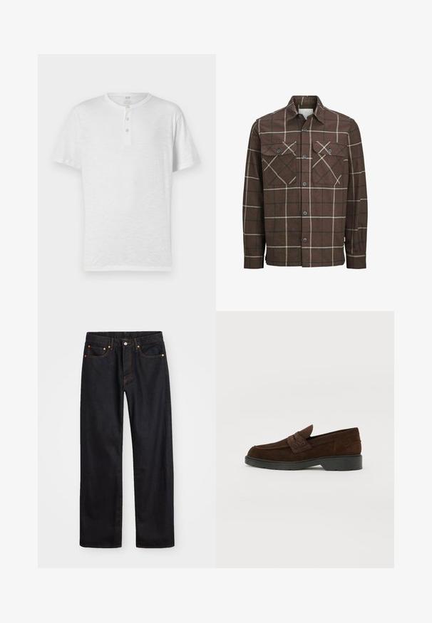 Brunternet flannel skjorte med knaplukning foran, to brystlommer og kontrasterende creme og mørke linjer, med et klassisk kravedesign.; Hvid kortærmet henley t-shirt med tre-knaps placket, lavet af letvægtigt, let struktureret stof. Rund halsudskæring, afslappet pasform.; Mænds lige ben sorte denim jeans med fem lommer og orange syninger, knap- og lynlåslukning foran på taljen.; Brune ruskinds loafers med rund tå og solid sort gummisåler. Har en dekorativ rem og syninger på overfladen.