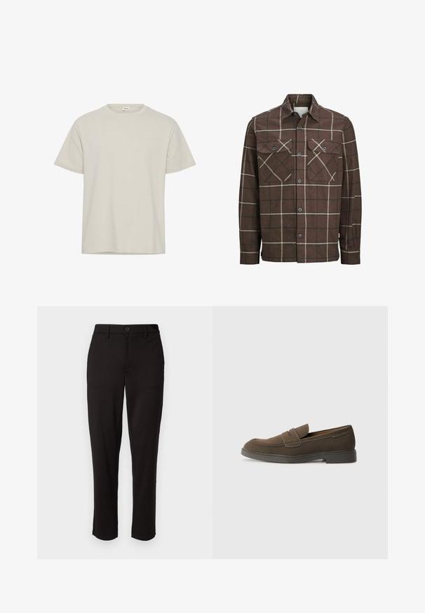 Brown plaid flannel shirt with a button-up front, two chest pockets, and contrasting cream and dark lines, featuring a classic collar design.; Light beige short-sleeve t-shirt made of soft fabric. Round neckline, loose fit, with a plain design and no visible patterns or accents.; Black trousers made of lightweight fabric, featuring a straight leg, front button closure, belt loops, and side pockets.; Brown suede loafer with a rounded toe, a strap across the vamp, and a flat rubber sole. Simple design with clean lines and minimal detailing.