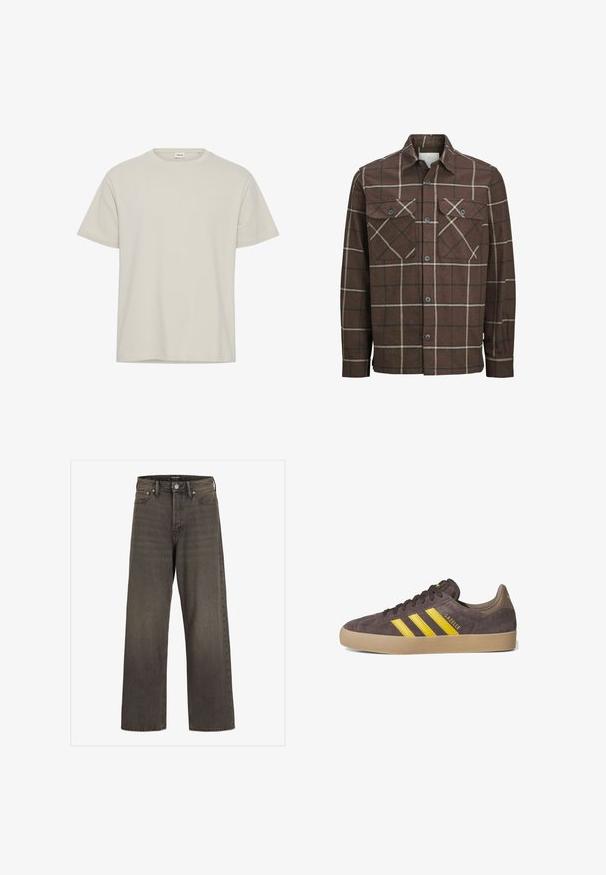 Braun kariertes Flanellhemd mit Knopfverschluss, zwei Brusttaschen und kontrastierenden cremefarbenen und dunklen Linien, ausgestattet mit einem klassischen Kragendesign.; Helles beige T-Shirt mit kurzen Ärmeln aus weichem Stoff. Rundhalsausschnitt, lockere Passform, mit schlichtem Design und ohne sichtbare Muster oder Akzente.; Weite Jeans aus dunkelgrauem Denim mit hoher Taille, klassischem Fünf-Taschen-Design und kontrastierendem Stepp entlang der Nähte.; Graue Wildledersneaker mit drei gelben Streifen, Gummisohle und strukturierten Details. Markennamen "Gazelle" an der Seite. Einfaches Schnürdesign.