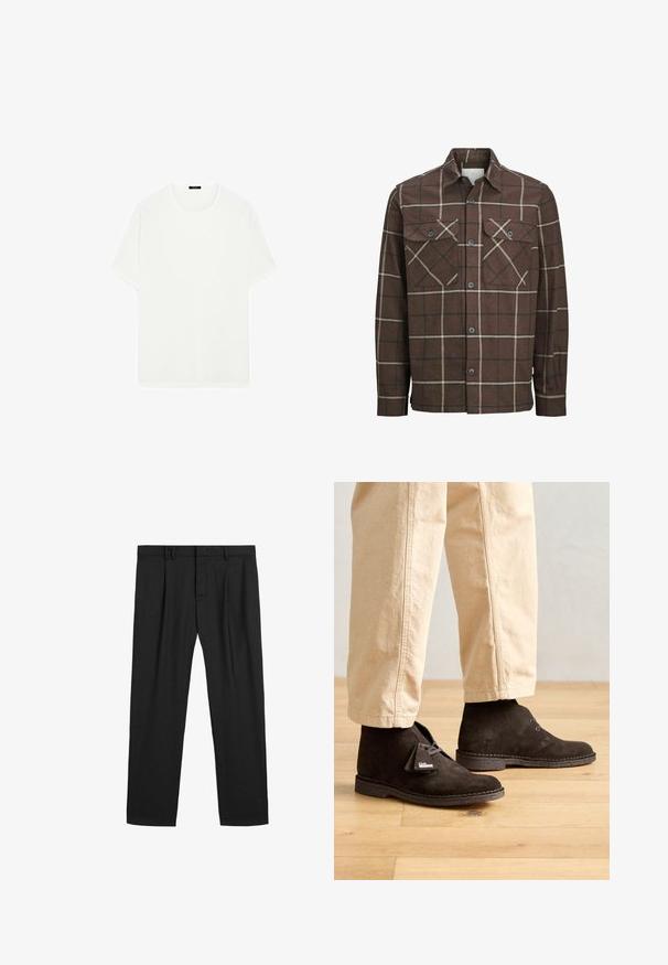 Braun kariertes Flanellhemd mit Knopfverschluss, zwei Brusttaschen und kontrastierenden cremefarbenen und dunklen Linien, ausgestattet mit einem klassischen Kragendesign.; Weißes T-Shirt mit kurzen Ärmeln aus weichem Stoff. Es hat einen klassischen Rundhalsausschnitt und eine gerade Schnittführung, ohne sichtbare Muster oder Akzente.; Schwarze plissierte Hose aus einem glatten Stoff, mit einem traditionellen Bund und geradem Bein. Keine sichtbaren Muster oder Metallteile.; Braune Wildleder-Ankle-Boots mit runder Zehenpartie, Schnürdesign und Logodetail. Kombiniert mit hellbeigen, gekrempelten Hosen auf einem Holzboden.