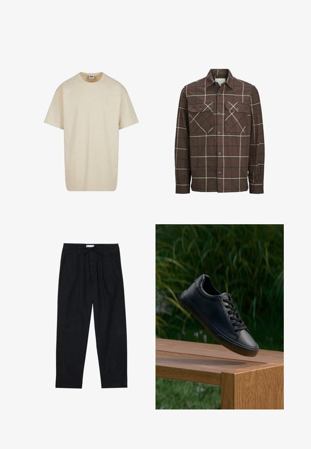 Smešasta smeđa flanel košulja s dugmadi sprijeda, dvije prednje džepove i kontrastne krem i tamne linije, sa klasičnim dizajnom ovratnika.; Bež pamučna majica s kratkim rukavima i okruglim izrezom, opuštenog kroja. Ima jednostavan dizajn bez uzoraka ili akcenta.; Pier One Chino hlače - black; Crne kožne tenisice s glatkom teksturom, okruglim vrhom i ravnim vezicama, postavljene iznad drvene površine s zelenom travom u pozadini.