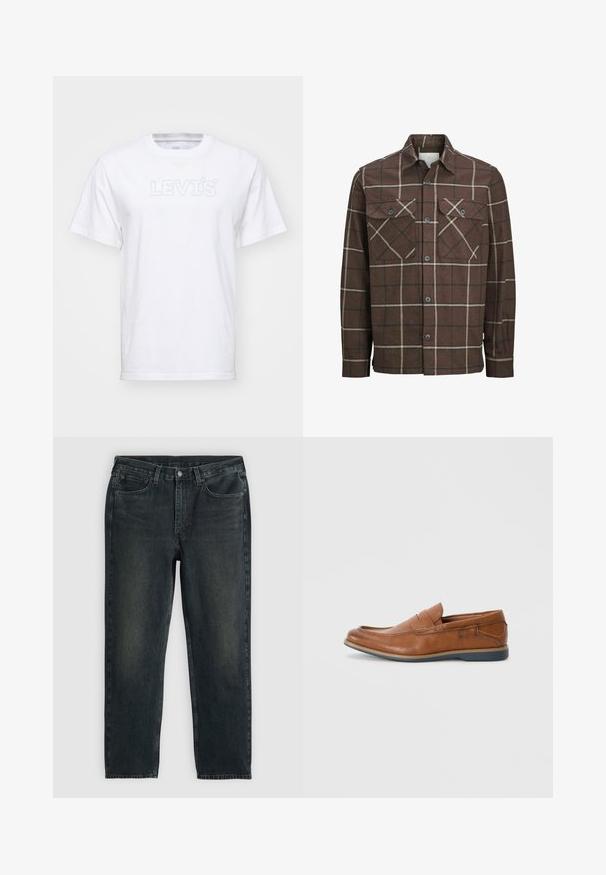 Rjava karirana flanelasta srajca z gumbom spredaj, dvema žepoma na prsih in kontrastnima kremnimi ter temnimi črtami, ki ima klasičen ovratnik.; Bela bombažna majica s kratkimi rokavi in krojnim izrezom. Ima vtisnjen logo "LEVI'S" v svetlo modri barvi čez prsi.; Temno modri traper hlače z ravnim krojem, opremljene s petimi žepi, zadrgo in kontrastnim šivom. Nežna bledica na tkanini.; Rjavi usnjeni loafers s okroglo konico, šivi na površini in nizkim gumijastim podplatom. Oblikovanje vključuje pas čez zgornji del.