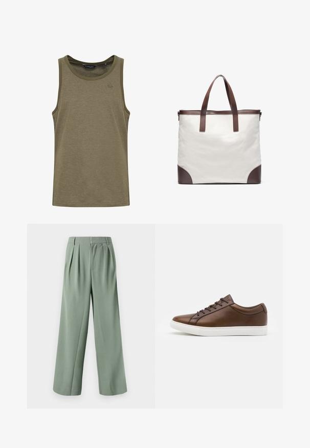 Ruskea ruudullinen flanellipaita, jossa on napitettava etuosa, kaksi rintataskua ja kontrastiväri vaalean kerman ja tummien viivojen yhdistelmä, ja klassinen kauluksen muotoilu.; Oliivinvihreä hihaton paita pehmeästä ja hengittävästä kankaasta. Ominaisuuksiin kuuluu pyöreä pääntie ja huomaamaton logo brodeerattuna rintaan.; Vihreät leveät housut, joissa on laskokset, valmistettu sileästä kankaasta. Varustettu vetoketjukiinnityksellä ja kahdella sivutaskulla. Yksinkertainen, räätälöity muotoilu.; Ruske nahke teniske z izrazito okroglo špicu, belo gumijasto podplat in pet lukenj za vezalke. Imajo subtilno blagovno znamko na peti.; Kangas kantahtava laukku valkoisena, jossa ruskeita nahkaosia. Varustettu kahdella tukevalla kahvalla ja vahvistetulla pohjalla. Selkeä, minimalistinen muotoilu.