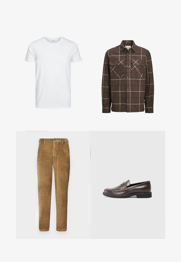 Braun kariertes Flanellhemd mit Knopfverschluss, zwei Brusttaschen und kontrastierenden cremefarbenen und dunklen Linien, ausgestattet mit einem klassischen Kragendesign.; Rundhals-T-Shirt mit kurzen Ärmeln in reinem Weiß, aus weicher Baumwolle, mit einem schlichten Design ohne sichtbare Muster oder Akzente.; Braune Cordhosen mit vertikal gerippter Textur, geradem Schnitt, Knopfverschluss und Gürtelschlaufen. Glattes Gewebe mit weicher Oberfläche.; Braune Leder Slipper mit glatter Oberfläche, die über ein dezentes gestepptes Detail im Obermaterial und eine schwarze Gummisohle verfügen.