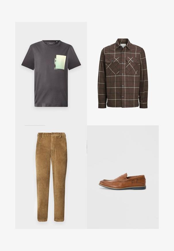 Brunternet flannel skjorte med knaplukning foran, to brystlommer og kontrasterende creme og mørke linjer, med et klassisk kravedesign.; Grå bomulds T-shirt med rund hals, med et minimalistisk grønt og blåt grafisk print på venstre brystområde. Korte ærmer.; Brune corduroy bukser med lodret ribbet tekstur, lige snit, knaplukning og bæltestropper. Glat stof med en blød finish.; Brune læder loafers med rund tå, syninger og en lav gummisål. Designet har en rem over vristen.