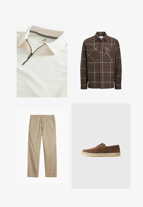 Pruun ruuduline flanellist särk, millel on nööbid ees, kaks rinna taskut ja kontrastsed kreemja ja tumeda joonega, klassikalise krae kujundusega.; Valge polo särk, millel on tekstureeritud muster, tõmblukuga sulgemine ja ruuduline kaeluse sisemus. Sildil on kiri "NEXT" ja suurus "M."; Beeži sirged säärte chinos-püksid, millel on vööloopide, esipainutatud nupud ja tõmblukk ning kaldega esikotid.; Pruunid nahast kingad, madala profiiliga, nööbitava disainiga, kummist tallaga ja kontrastsete õmblustega. Lihtne ja funktsionaalne stiil.