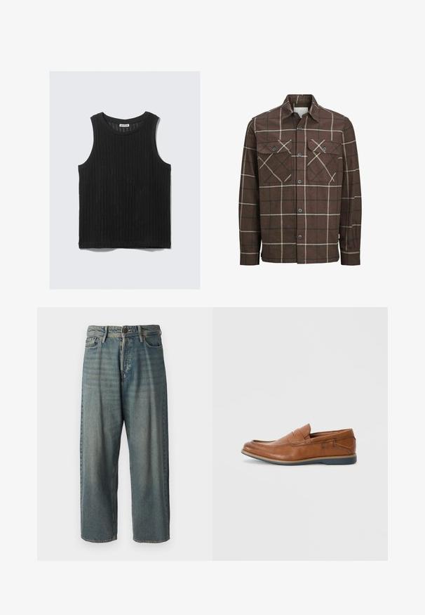 Braun kariertes Flanellhemd mit Knopfverschluss, zwei Brusttaschen und kontrastierenden cremefarbenen und dunklen Linien, ausgestattet mit einem klassischen Kragendesign.; Schwarzes ärmelloses Tanktop mit gerippter Textur, rundem Ausschnitt und gerader Saum. Das Etikett trägt die Aufschrift "WEEKDAY" am Ausschnitt.; Helle blaue Denim-Jeans mit lockerer Passform, mittelhoher Taille und geraden Beinen. Hat fünf Taschen, Gürtelschlaufen und einen Knopfverschluss.; Braune Lederloafers mit runder Spitze, gesteppten Akzenten und einer niedrigen Gummisohle. Das Design verfügt über ein Band über dem oberen Teil.