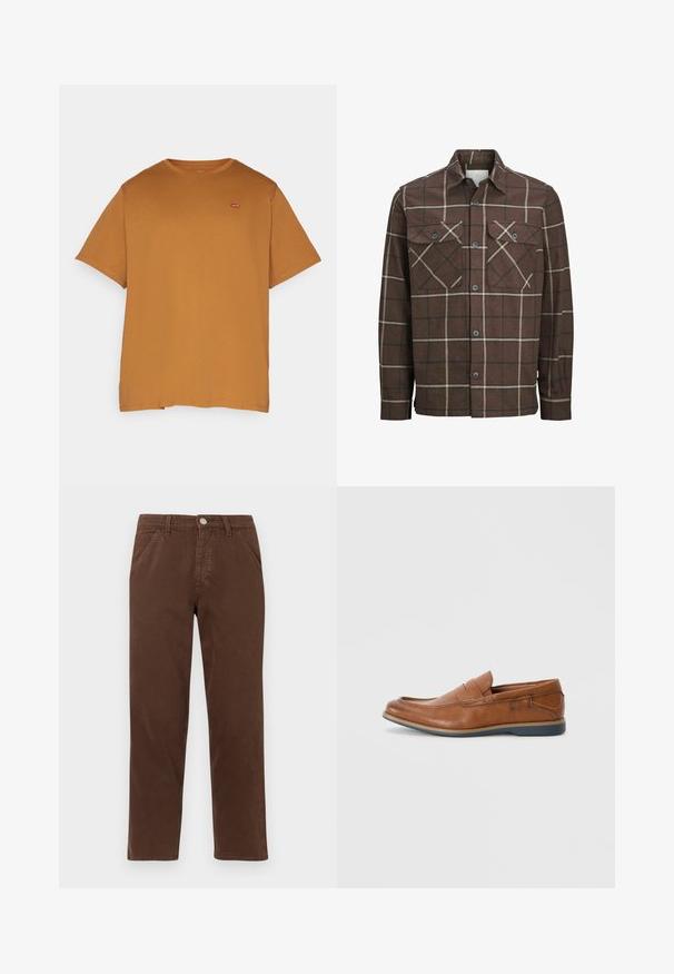 Brun rutig flanellskjorta med knäppning fram, två bröstfickor och kontrasterande krämfärgade och mörka linjer, med en klassisk kragdesign.; Levi's® Plus BIG ORIGINAL TEE - T-shirt - bas - dark ginger; Bruna bomullbyxor med rak ben, framfickor och metallknappstängning. Har en slät textur och minimalistisk design.; Bruna läder loafers med rund tå, sydda accenter och en låg gummisula. Designen har ett band över framsidan.