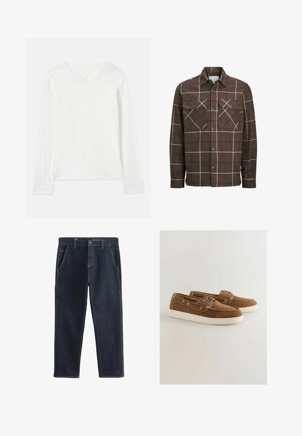 Cămașă din flanel cu carouri maro, cu deschidere în față cu nasturi, două buzunare pe piept și linii contrastante crem și închise, având un design clasic al gulerului.; Tricou alb cu mânecă lungă, cu decolteu în V, textură moale și fente laterale. Are un design simplu, fără embellishments sau modele.; Pantaloni din denim de culoare bleumarin, cu croi drept, cu cusături vizibile, buzunare frontale și un buzunar lateral. Dispune de închidere cu nasture și fermoar.; Pantofi din suede maro cu un toc din cauciuc alb, design cu șireturi, gauri metalice pentru șireturi și cusături contrastante de-a lungul marginii.