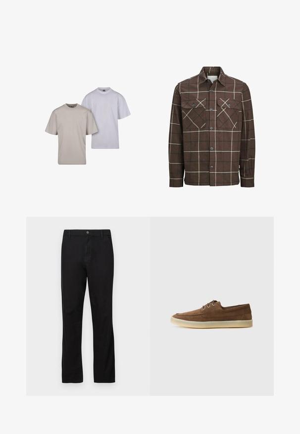 Barna kockás flaneling, gombos elülső résszel, két mellzsebbel, kontrasztos krém és sötét csíkokkal, klasszikus galléros kivitelben.; Két póló: az egyik bézs, a másik fehér. Mindkettő pamutból készült, rövid ujjú, és klasszikus kerek nyakú.; Fekete pamut nadrág, egyenes szárú kialakítással, gombos záródással, elülső és hátsó zsebekkel, sima textúrával.; Barna velúr cipők alacsony profillal, fűzős kialakítással, gumitalppal és kontrasztos varrási részletekkel. Egyszerű és funkcionális stílus.