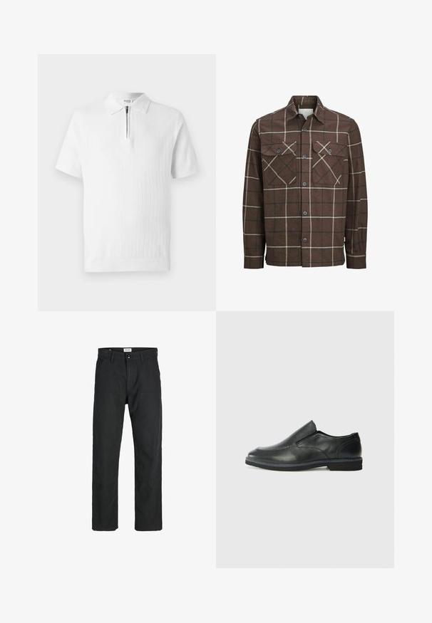 Hnedá károvaná flanelová košeľa s gombíkovým zapínaním vpredu, dvoma prednými vreckami a kontrastnými krémovými a tmavými pásikmi, pričom obsahuje klasický dizajn goliera.; Biely polo tričko s krátkymi rukávmi a textúrovaným pletením, so zipsovým golierom a rebrovaným lemom. Čistý dizajn vhodný na neformálne nosenie.; Čierne nohavice vyrobené z odolného materiálu, s rovnými nohavicami, prešitými detailmi a dvoma prednými vreckami pre väčšiu funkčnosť.; Čierny kožený nazúvací topánka s hladkým zvrškom, prešitými akcentmi, zaoblenou špičkou a nízkym gumovým podpätkom. Podošva má minimálny dezén.