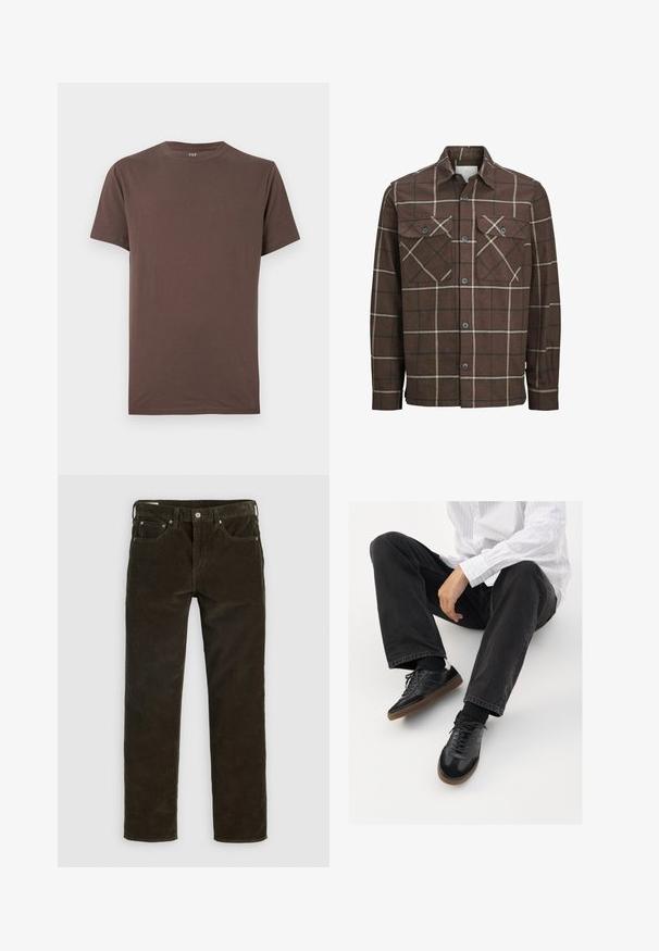 Barna kockás flaneling, gombos elülső résszel, két mellzsebbel, kontrasztos krém és sötét csíkokkal, klasszikus galléros kivitelben.; Barna pamut póló, kerek nyakkivágással, rövid ujjakkal és sima textúrával. Nincsenek látható minták vagy díszítések. Szabványos szabású.; Barna kordnadrág egyenes szabással, öt zsebbel, látható varrással és texturált anyaggal. Fém gombos zárás a deréknál.; Fekete tornacipők sima és texturált felsőrészel, gumitalppal és sötét cipőfűzőkkel. Fekete farmernadrággal és fehér csíkos inggel párosítva.