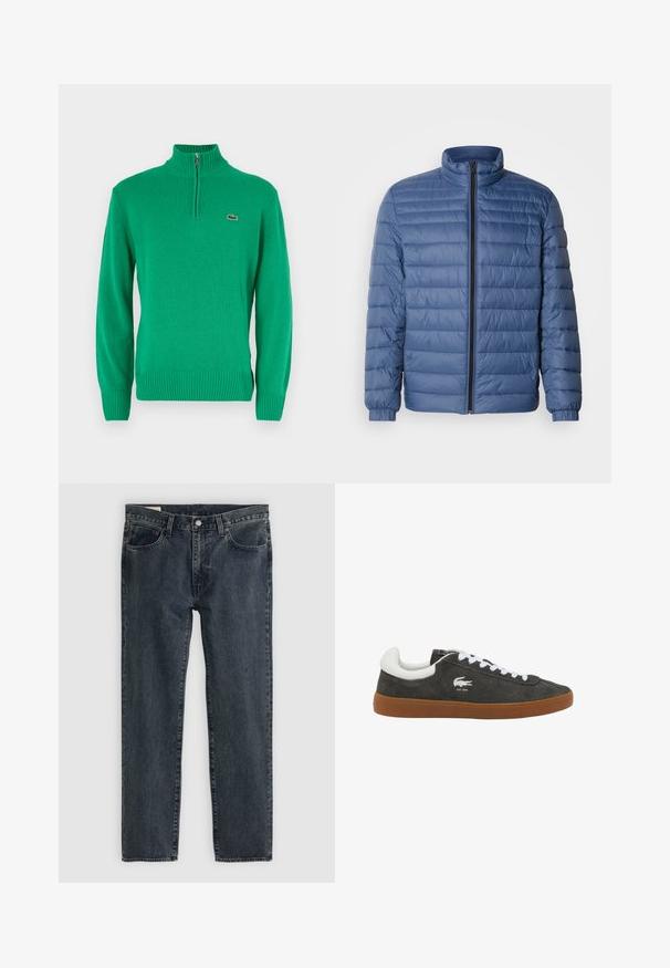 Blau gesteppte Jacke mit hohem Kragen und langen Ärmeln, ausgestattet mit einem durchgehenden Reißverschluss vorne und elastischen Bündchen. Glattes, leichtes Material.; Lacoste Strickpullover - vert; Dunkelblaue Jeans aus Denim mit geradem Bein, fünf Taschen und einem Knopfverschluss. Der Stoff weist eine subtile Ausbleichung und Textur auf.; Graue Wildledersneaker mit weißen Schnürsenkeln, ausgestattet mit einer Gummisohle und einem kleinen weißen Krokodillogo an der Seite. Glatte Textur und niedriges Design.