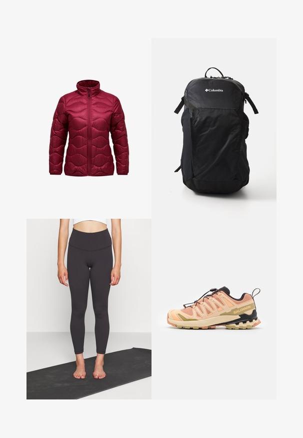 Gewatteerde jas in bordeaux met een hoge kraag, ritssluiting aan de voorkant en een geborduurd golfpatroon. Gemaakt van glanzend, lichtgewicht materiaal.; Zwart langemouwen shirt van zacht stof, met een ronde halslijn en een klein gouden logo op de borst.; Hoge taille zwarte leggings van gladde, rekbare stof met een getailleerde pasvorm, eindigend bij de enkel. Combineer met een cropped top op een yogamat.; Salomon trailrunning schoen in roze en beige met een gestructureerde mesh bovenkant, flexibele zool, een onderscheidend hielontwerp en reflecterende accenten.; Zwarte rugzak van glad nylonmateriaal, met een logo aan de voorkant, verstelbare schouderbanden en netstof zijvakken voor extra opslag.